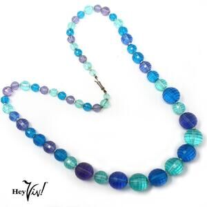 Vintage Blue Aqua Purple Faceted Bead Necklace Graduated Style 28" Long- Hey Viv